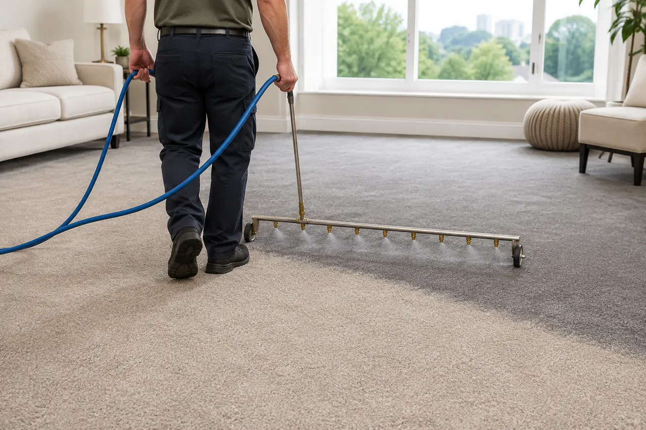 Service illustration showing a technician using a wheeled dye trolley to change beige carpet to grey