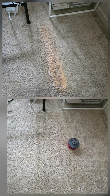 Long orange chemical colour-loss mark before and after colour repair