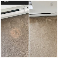 Chemical colour loss beside a baseboard before and after repair