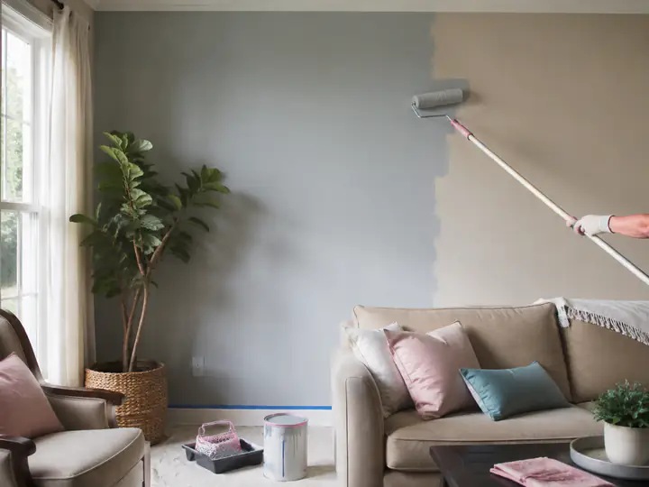 Service illustration of a bright living room receiving a new paint colour